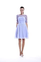 A-line Bateau Neck Natural   Waistline Knee Length Elbow Length Sleeves Lace Illusion Chiffon Bridesmaid Dress 