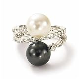Size 5 18k White Gold Diamond Wavy Cross Over Black White South Sea Pearl Ring