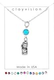 Clayvision Japanese Maneki neko Lucky Cat Charm Necklace with Birthstone/Favorite Color Swarovski Crystal - Blue Zircon - December