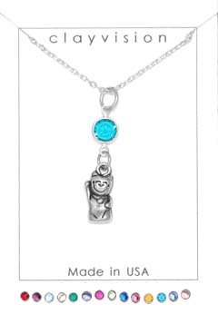 Clayvision Japanese Maneki neko Lucky Cat Charm Necklace with Birthstone/Favorite Color Swarovski Crystal - Blue Zircon - December