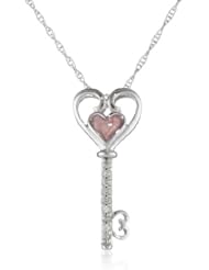 10k White Gold Colored Enamel with Diamond-Accent Key Pendant Necklace (1/10 cttw, I-J Color, I2-I3 Clarity), 18"
