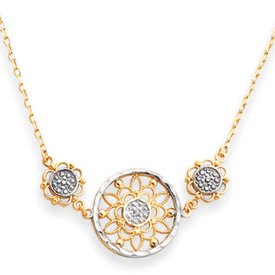 14k With White Rhodium Circle and Flower Necklace - 17 Inch - Spring Ring