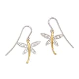 Cleversilver's Rhodium Plated Sterling Silver/14K Gold Plated Cz Dragonfly Earrings On French Wire