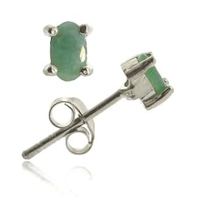 Sterling Silver .925 Genuine Emerald Stone Oval Small Stud Earrings