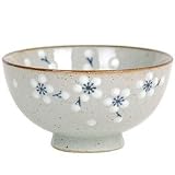 Ceramic Stonewood Rice / Soup Bowl set Design with White Asian Flowers, 6 Piece