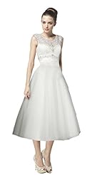 Modest V-neck Sleeveless  Beaded Tea Length  Ball Gown Wedding Dress 
