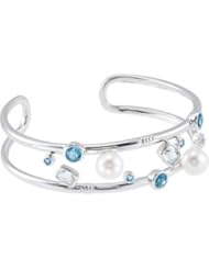 Freshwater Cultured Pearl, Genuine Swiss Blue Topaz & Genuine Crystal Cuff Braclet Sterling Silver 68683
