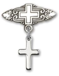 Sterling Silver Baby Badge with Cross Charm and Badge Pin with Cross
