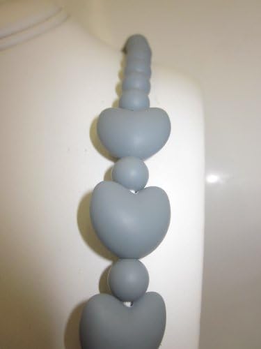 Chewable Teething Necklace for Teething Babies or Nursing Moms. Strand of 9mm Gray Beads with Heart Shaped Beads Alternating with Round Beads in Center. Soft Silicone Food Safe Beads. BPA Free Non Toxic. Gift Box Included for Easy Gift Giving