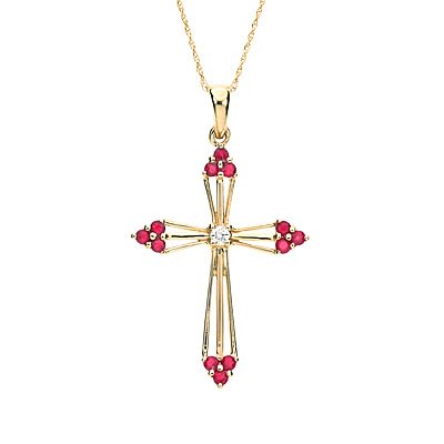 14k Yellow Gold Genuine Ruby and Diamond Cross Pendant (0.04 ct tw)