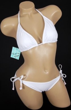 Cute Bathing Suit Sexy Solid White Triangle Top with Tie Side String Bikini 2 pc Swimsuit Set