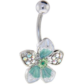 Green Jeweled FLOWER PETAL Belly Ring