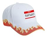 HELLO my name is SANTIAGO Adult White Hat with Red Flames FIRE