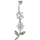 Crystalline Gem Pearl Fl Dangle Belly Ring