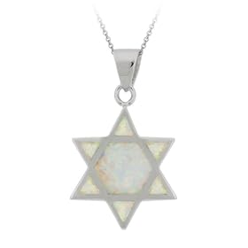Sterling Silver Created-White Opal Inlay Jewish Star Pendant w/ Rolo Chain, 18″