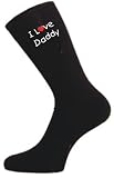 Love Daddy Socks - Black cotton rich socks with embroidered I Love Daddy red heart design on each leg. One Size fit men shoe size 6-11. Perfect gift for Dad for Christmas, Birthday or Fathers Day