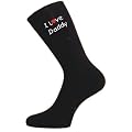Love Daddy Socks - Black cotton rich socks with embroidered I Love Daddy red heart design on each leg. One Size fit men shoe size 6-11. Perfect gift for Dad for Christmas, Birthday or Fathers Day