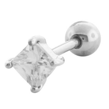 316L Surgical Steel Cubic Zirconia Square Gem Cartilage Earrings - Barbell - 18g - 5/16'' - Clear - Sold Individually