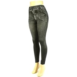 Fake Denim Jean Leggings Stretchy Skinny Pants Black