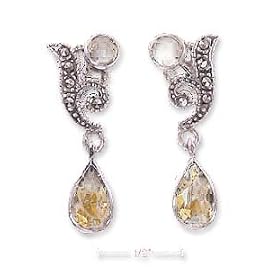 Sterling Silver Marcasite Post Earrings 5 X 7mm Citrine Teardrop Dangle by JewelryWeb