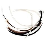 Black/brown/white colored 4 x 1/8 to 6-1/2 x 1/8 inch biot goose (dyed) feather. Sold per pkg of 0.04 ounce & approximately 5 feathers.