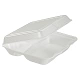 Dart 80HT3 8 Length x 7.5 Width x 2.3 Height, White Color, 3 Compartmented Foam Hinged Lid Carryout Container (Case of 200)