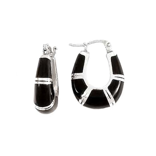 Sterling Silver Onyx Inlay ''U'' Hoop Earrings