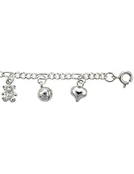 Sterling Silver Charm Bracelet w/ Dangling Teddy Bears, Hearts and Chime Balls