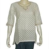 Womens Silk Long Sleeve Top Off-white Shirt Blouse Embroidery Size S