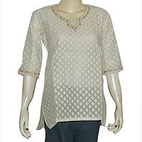 Womens Silk Long Sleeve Top Off-white Shirt Blouse Embroidery Size S