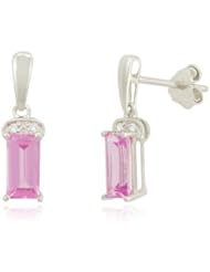 Sterling Silver Baguette-Cut Created Pink Sapphire Diamond-Accent Earrings (0.01 cttw, I-J Color, I2-I3 Clarity)