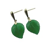 Green Jade Round Leaf Dangle Earrings, 14k Gold
