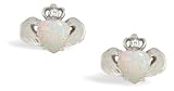 14K White Gold Genuine Heart Opal and Diamond Celtic Claddagh Earrings