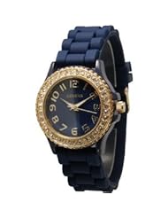 Navy Goldtone Silicone Watch w/ Rhinestones Face Bling Ceramic Look