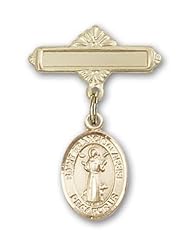 14K Gold Baby Badge with St. Francis of Assisi Charm and Polished Badge Pin
