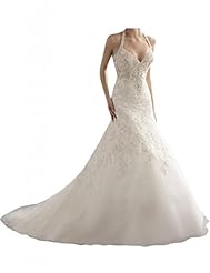 Sexy V-neck Lace Beaded Halter Natural   Waistline Satin Wedding Dress 