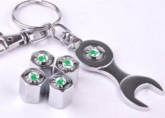 Car Wheel Tire Valve Caps With Mini Wrench & Keychain For Skoda (4-Piece Pack)