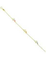 5-5.5" 14K Yellow Gold 1.0mm (0.04") Adjustable Diamond Cut Bead Chain Link w/ Enamel Multi Color Dolphin Children Bracelet w/ Spring Ring Clasp