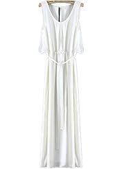 Chiffon/Polyester Summer General Print Sleeveless Scoop Neck Pleated Belted Maxi Dress  With a Ribbon 