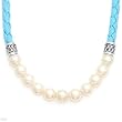 High Quality Necklace With Genuine Faux pearls Well Made in Blue Leather and 925 Sterling silver. Total item weight 17.0g Length 16in