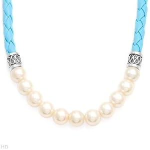 High Quality Necklace With Genuine Faux pearls Well Made in Blue Leather and 925 Sterling silver. Total item weight 17.0g Length 16in