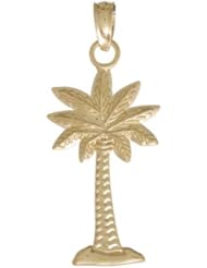 14k Gold Nautical Necklace Charm Pendant, Palmetto Palm Tree Textured