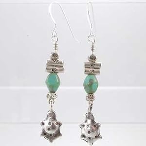 Turquoise Czech Glass Bead and Turtle Dangle Earrings with Hill Tribe Sterling Silver, #9657