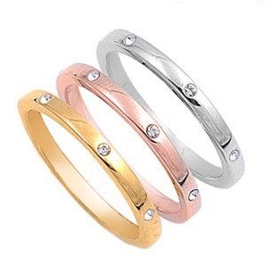 Rhodium Plated Sterling Silver Tri-Color Rings with Clear Cubic Zirconia - Face Height: 7mm - Set of 3 Rings - Sizes: 5-10, 5