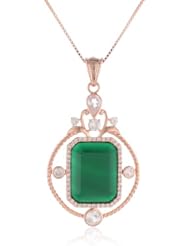 Rose Gold over Sterling Silver Green Agate and Created White Sapphire Pendant Necklace, 18"