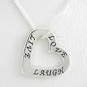 LIVE, LOVE, LAUGH Heart Shaped Affirmation Band Pendant in Sterling Silver on a 16" Box Chain, #8495