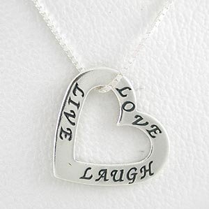 Double Sided LIVE, LOVE, LAUGH Heart Shaped Affirmation Band Pendant in Sterling Silver on a 16" Box Chain, #8495
