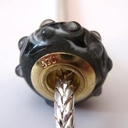 Murano Style "925" Glass Lampwork Bead with Gold Plated Core Fits Pandora Black with Raised Gray Swirls, 14mm (3)