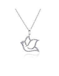 Rhodium Plated 925 Sterling Silver Cubic Zirconia CZ Dove Bird Charm Pendant Necklace with Link Chain