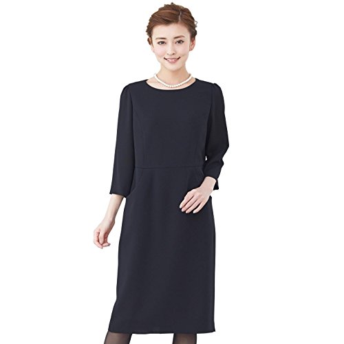 【B-GALLERY】ノーカラー七分袖シンプルサマーワンピース[ブラック ](110622441)[夏物 ブラックフォーマル 喪服 礼服 葬式 お通夜 かわいい フォーマル ワンピース]